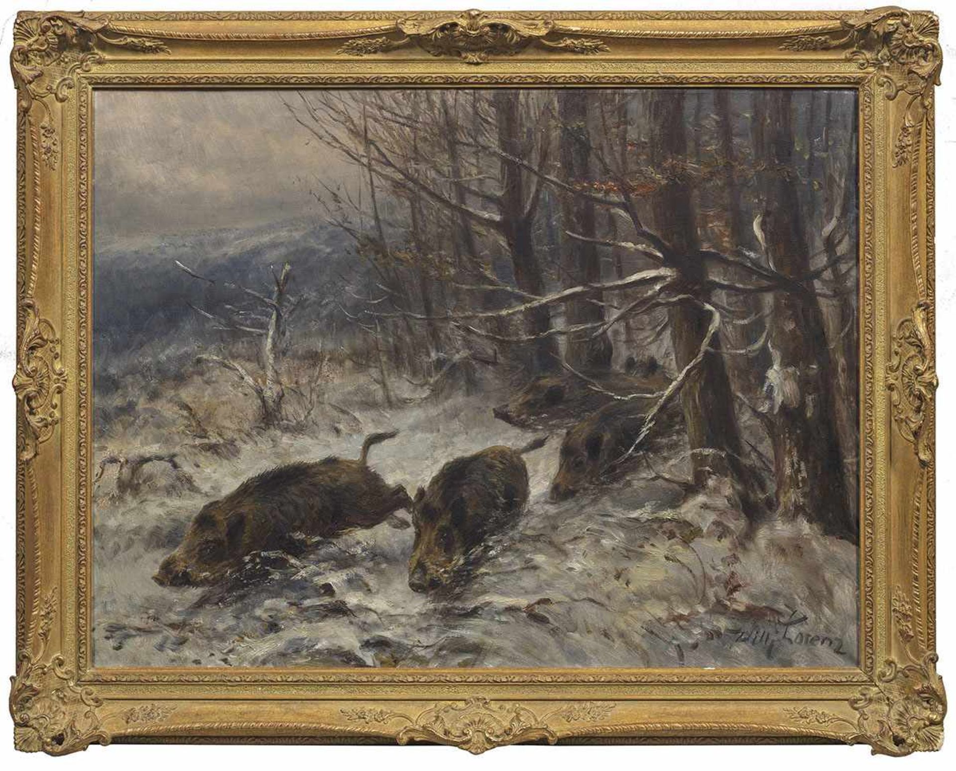 Willi Lorenz(1901 Köln - 1981 ebenda)Flüchtende Wildschweinrotte am verschneiten WaldrandMit weich-