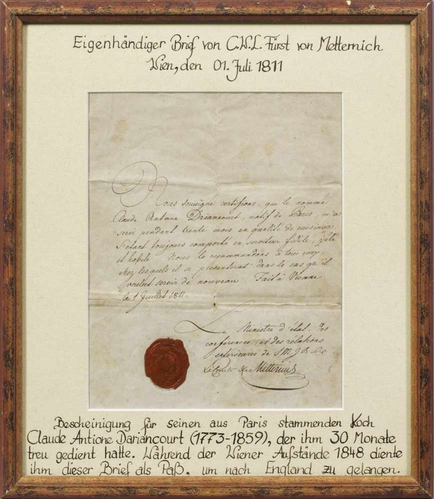 Autograph von Klemens Wenzel Lothar Graf (ab 1813 Fürst) vonMetternich (1773 - 1859)In Französisch