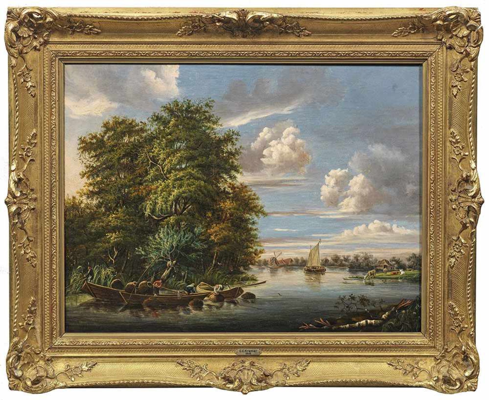 E. E. Kramer(Tätig Mitte 19. Jh.)Holländische Flusslandschaft mit FischernÖl/Lwd.; L. u. sign. u.