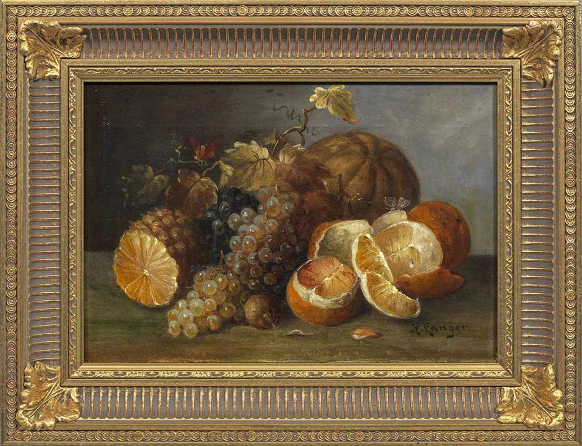 H. Langer(Tätig Ende 19. Jh.)FrüchtestilllebenÖl/Lwd.; R. u. sign.; 21,5 cm x 32 cm. Rahmen.Oil on