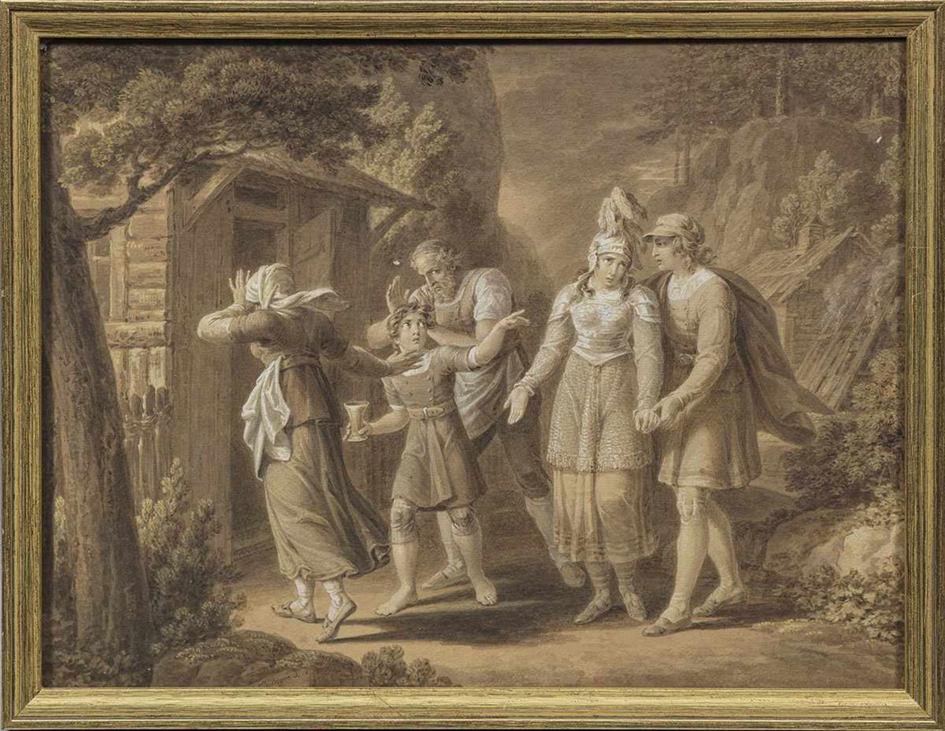 Vincenz Kininger(1767 Regensburg - 1851 Wien)Dramatische Familienszene im GebirgeLavierte Tusche (