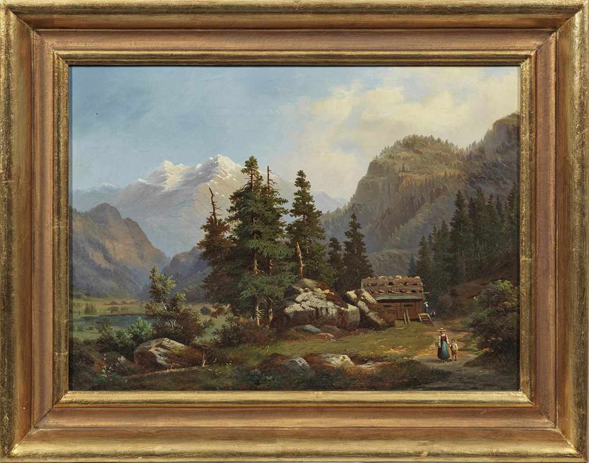 Georg Engelhardt(1823 Mühhausen/Thüringen - 1883 Berlin)Alpenlandschaft mit FigurenstaffageÖl/