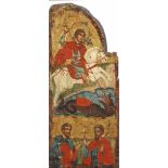 Triptychon-Ikonenflügeleines aufklappbaren Hausaltars. Polychrome Malerei mit Gold auf Holz.