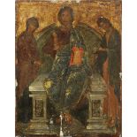 Ikone "Deesis"Polychrome Malerei mit Gold auf Holz. Thronender Christus Pantokrator, flankiert von