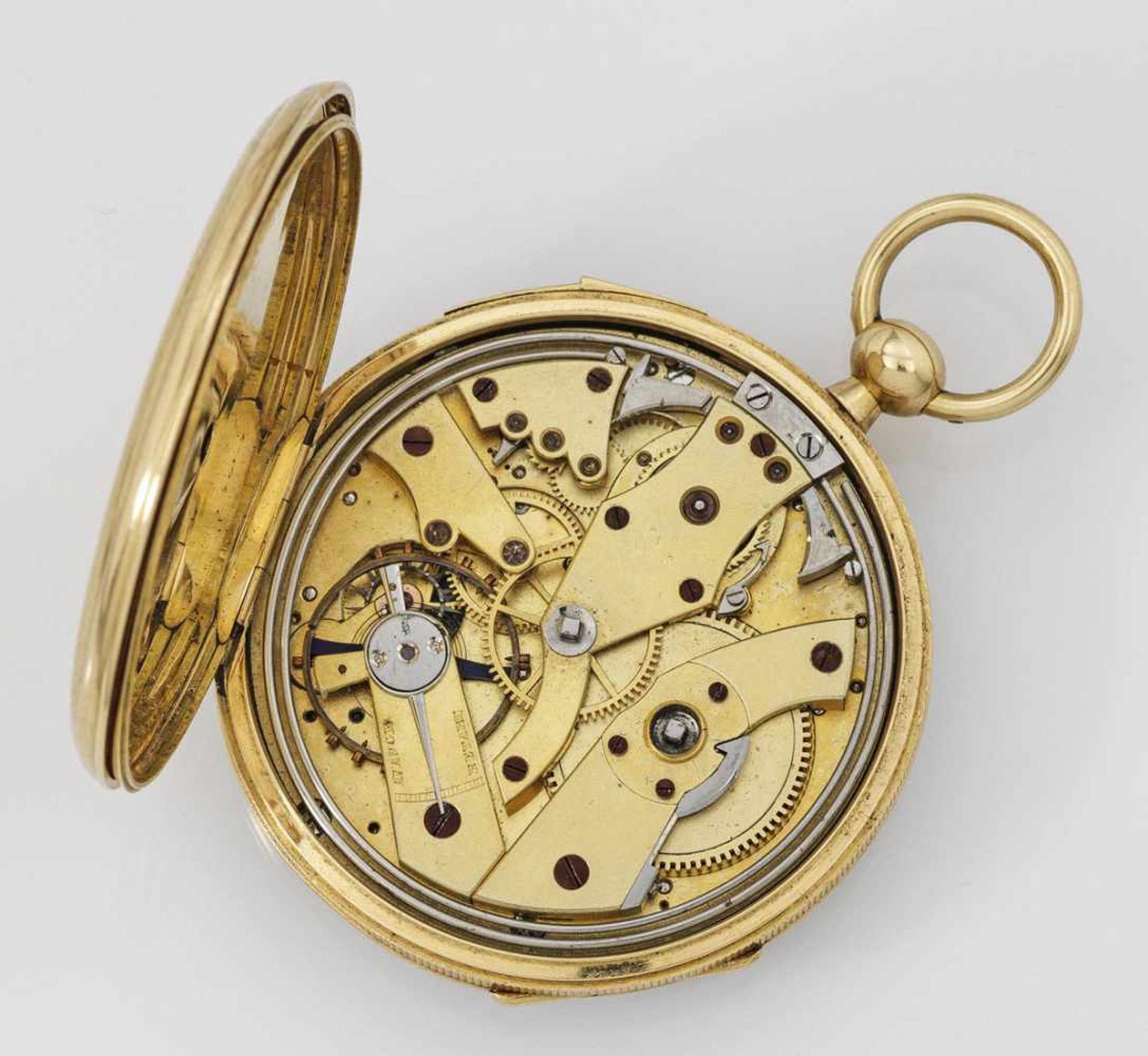 Goldene Taschenuhr mit ViertelstundenrepetitionGelbgold, gest. 18 ct.; Rundes 2-Deckel- - Bild 2 aus 3