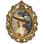 Porzellangemälde "Mrs. Sheridan" nach Th. GainsboroughOvale Bildplatte mit dem Porträt der Mrs.