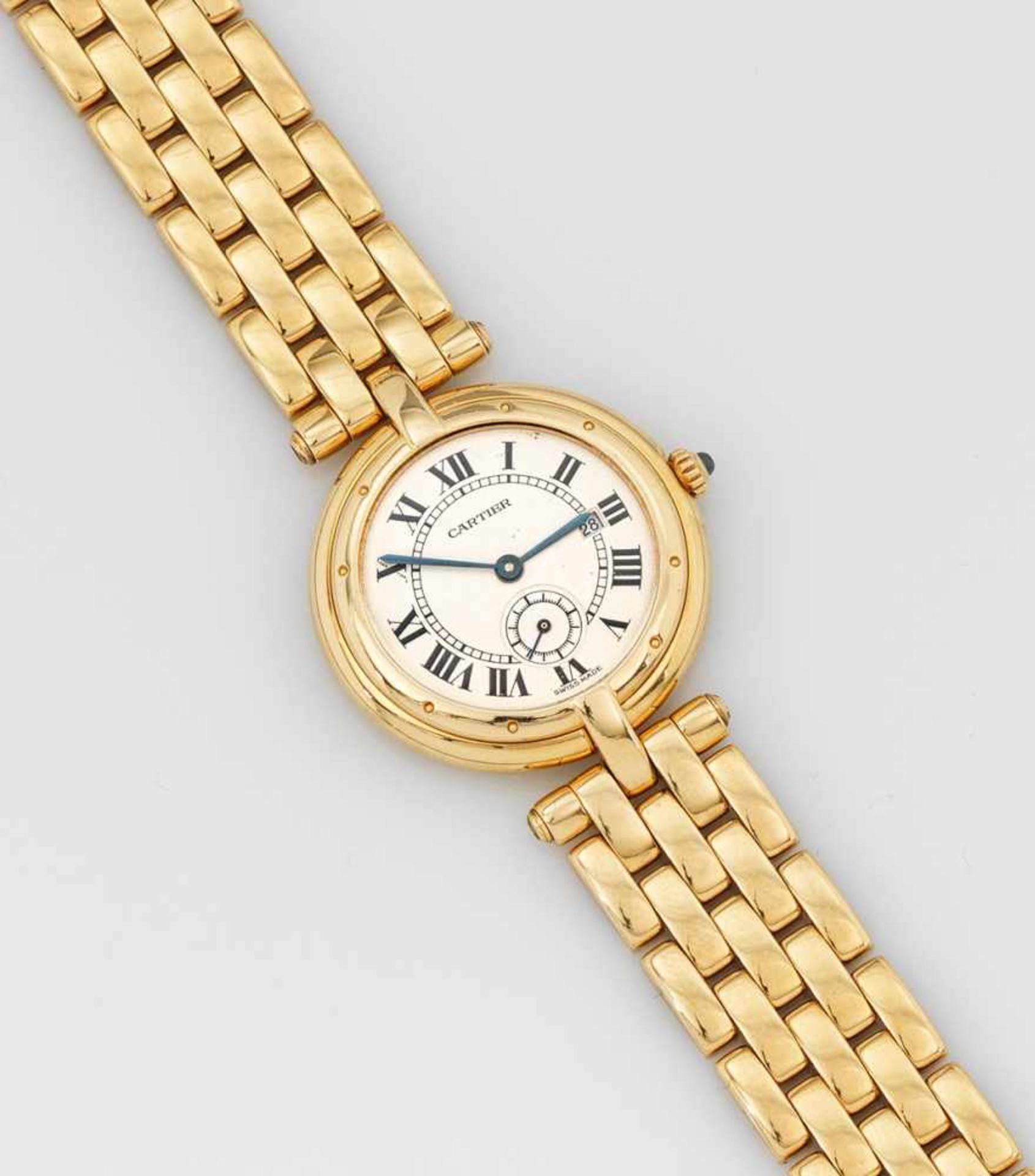 Cartier-Herrenarmbanduhr"Panthère Vendôme"Gelbgold, gest. 750. Rundes profiliertes Uhrengehäuse