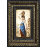 Porzellangemälde "Pompejanerin"Rechteckige Bildplatte mit Darstellung einer jungen Frau in römisch-