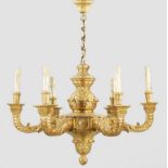Große Louis XVI-Deckenlampe6-flg.; Holz und Masse, gefasst und vergoldet. Balusterförmiger Korpus