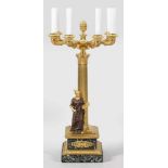 Große Empire-Salonlampe6-flg.; Bronze, vergoldet bzw. teilw. dunkel patiniert sowie grün