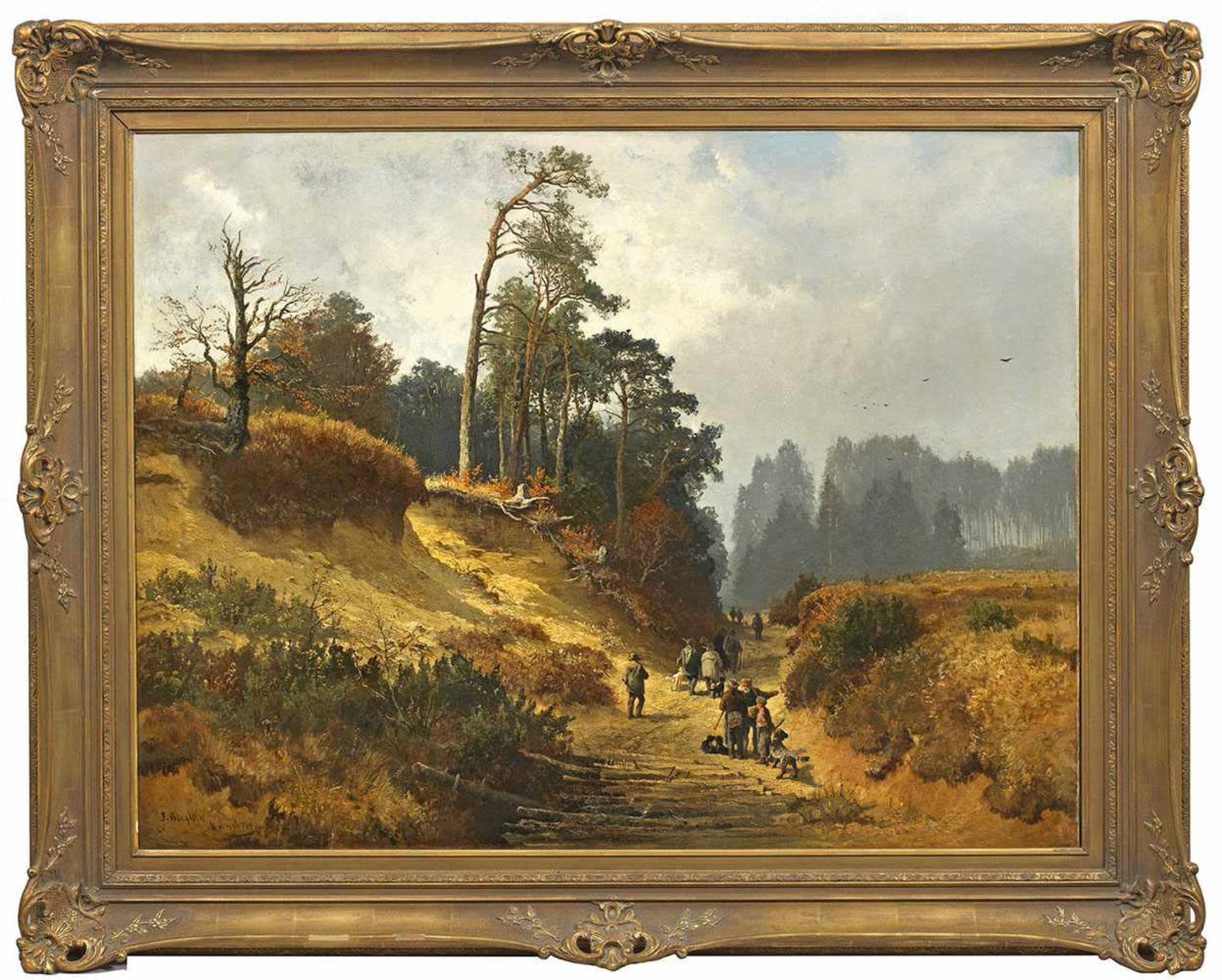 Joseph Wenglein(1845 München - 1919 Bad Tölz)Große Herbstlandschaft mit Jägern und ihren HundenBlick