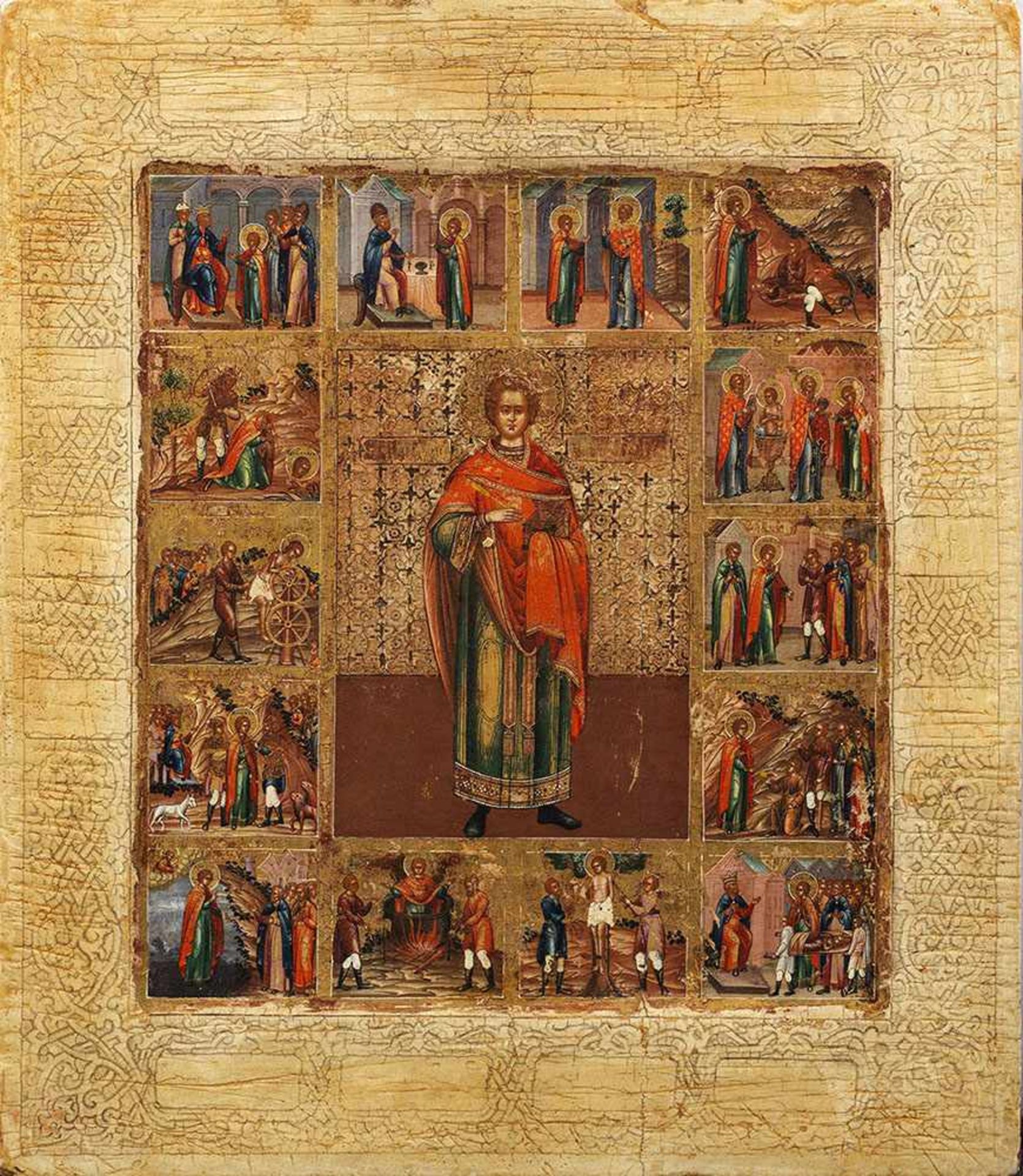 Vita-Ikone "Hl. Panteleimon"Feine Temperamalerei mit Gold auf Holz. Im leicht vertieften Bildfeld