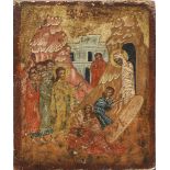 Ikone "Auferweckung des Lazarus"Polychrome Temperamalerei mit Gold auf Holz. Szenische Darstellung