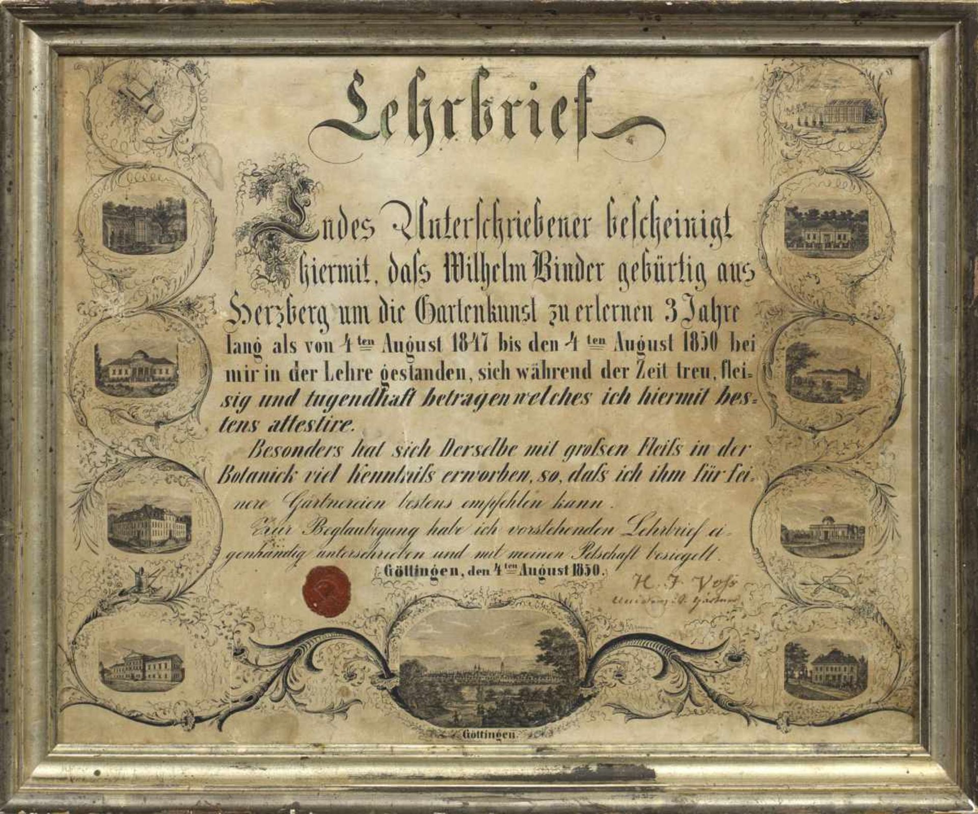 Gärtner-Lehrbrief mit Göttingen-Ansichten von 1850Gärtner-Lehrbrief mit Göttingen-An