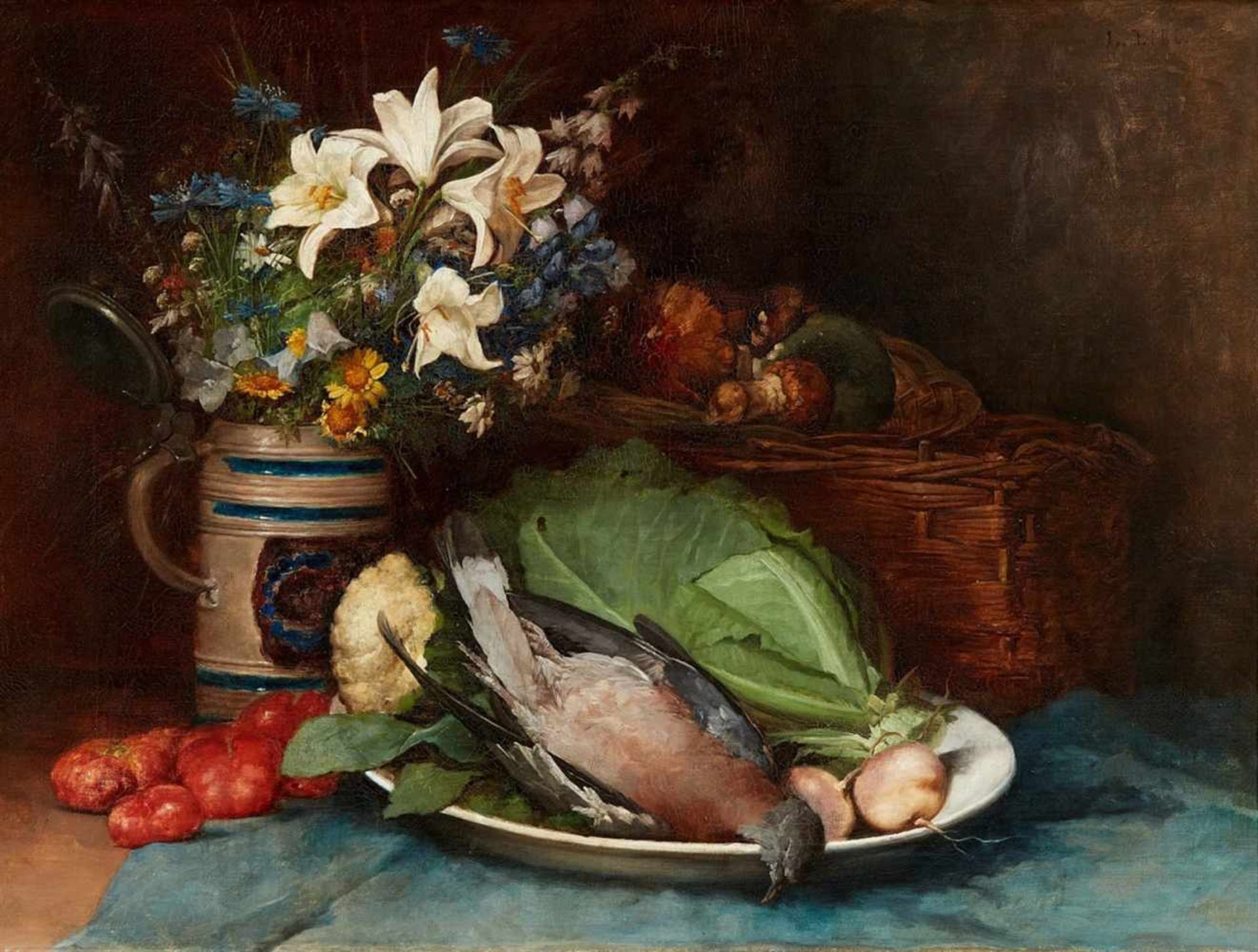 Ludwig EiblStill Life with Flowers in a Pitcher, Vegetables, Mushrooms, and a Pigeon