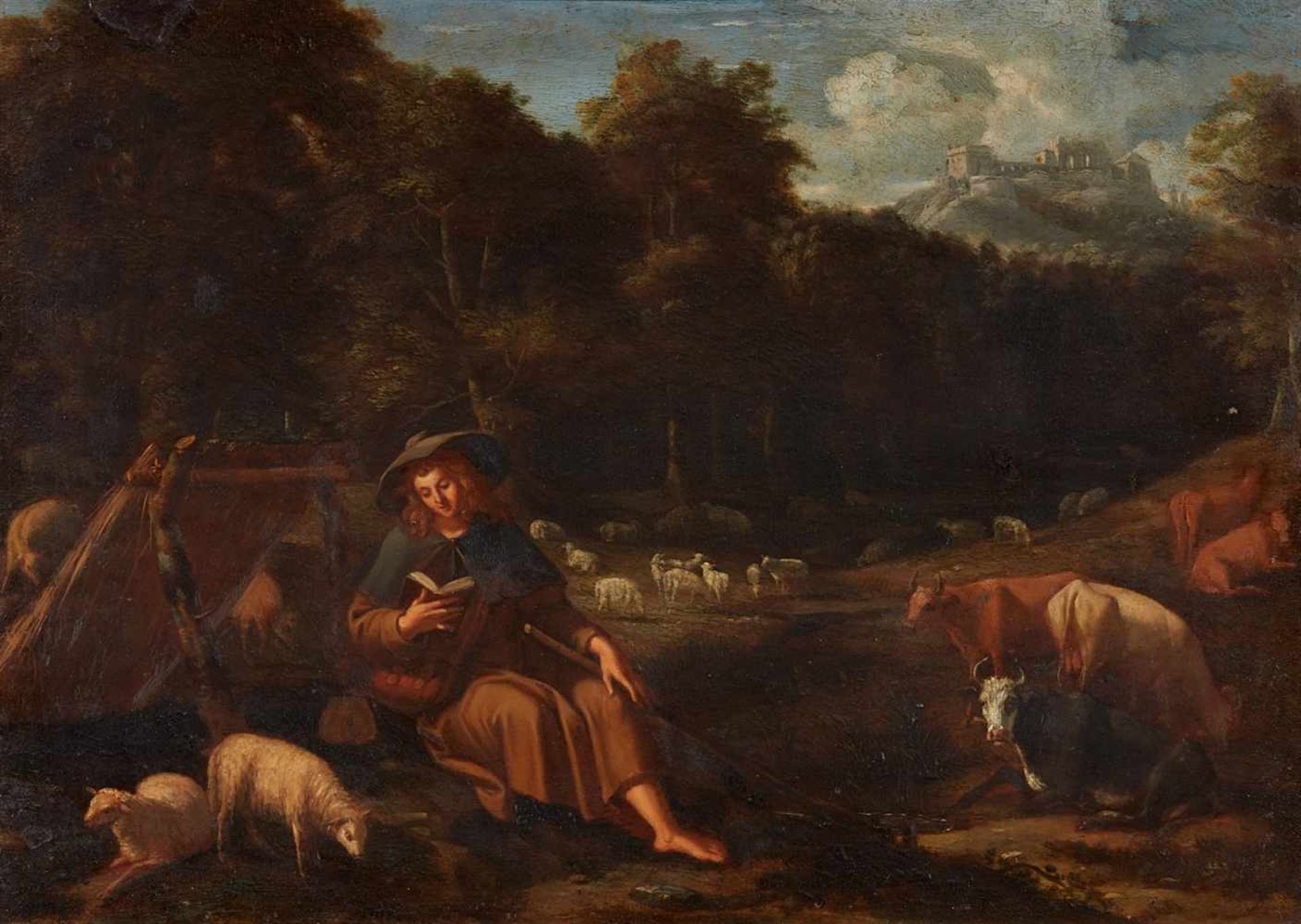 Probably Netherlandish School, 18th centuryA Shepherd Reading by Grazing Cattle