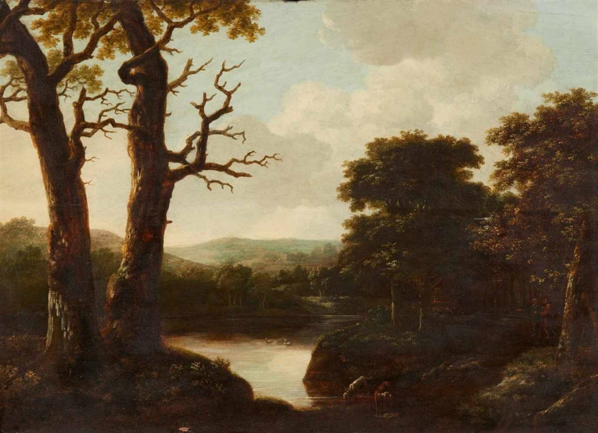 Anthonie Waterloo, attributed toLandscape with Hunters and a Pond