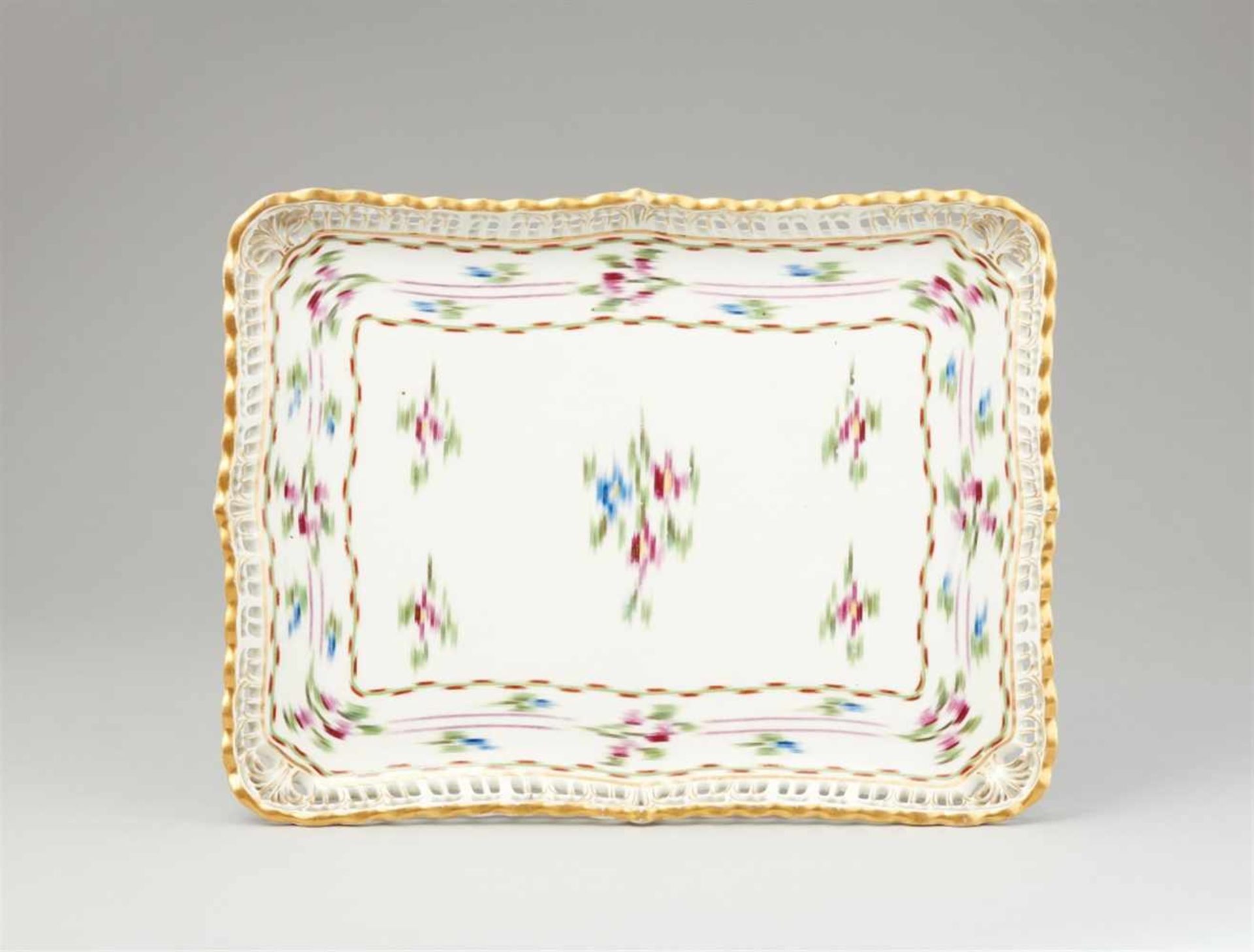 A Vienna porcelain platter with Atlas decorRectangular tray with pierced border. Blue crowned
