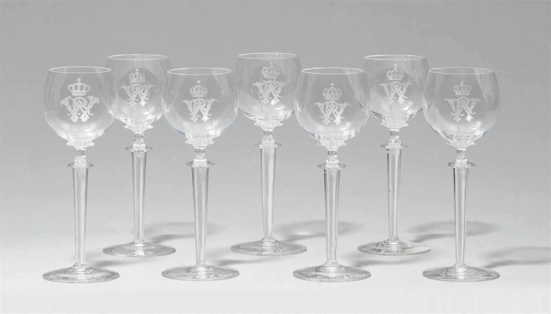 Seven glass wine goblets with the Imperial monogramSo-called "Rheinwein-Römer" from the "Wilhelm"