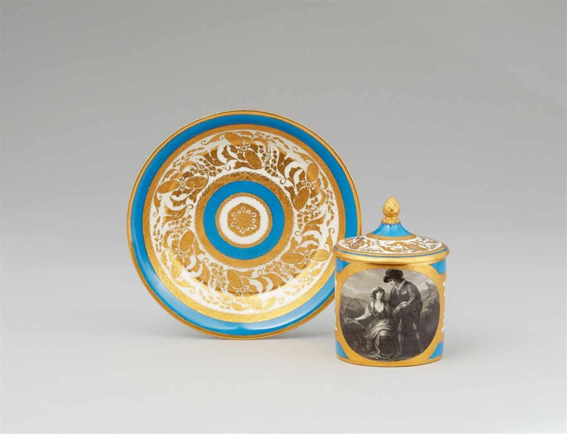 A Vienna porcelain cup and cover with Palemon and LaviniaOf cylindrical form with domed lid and