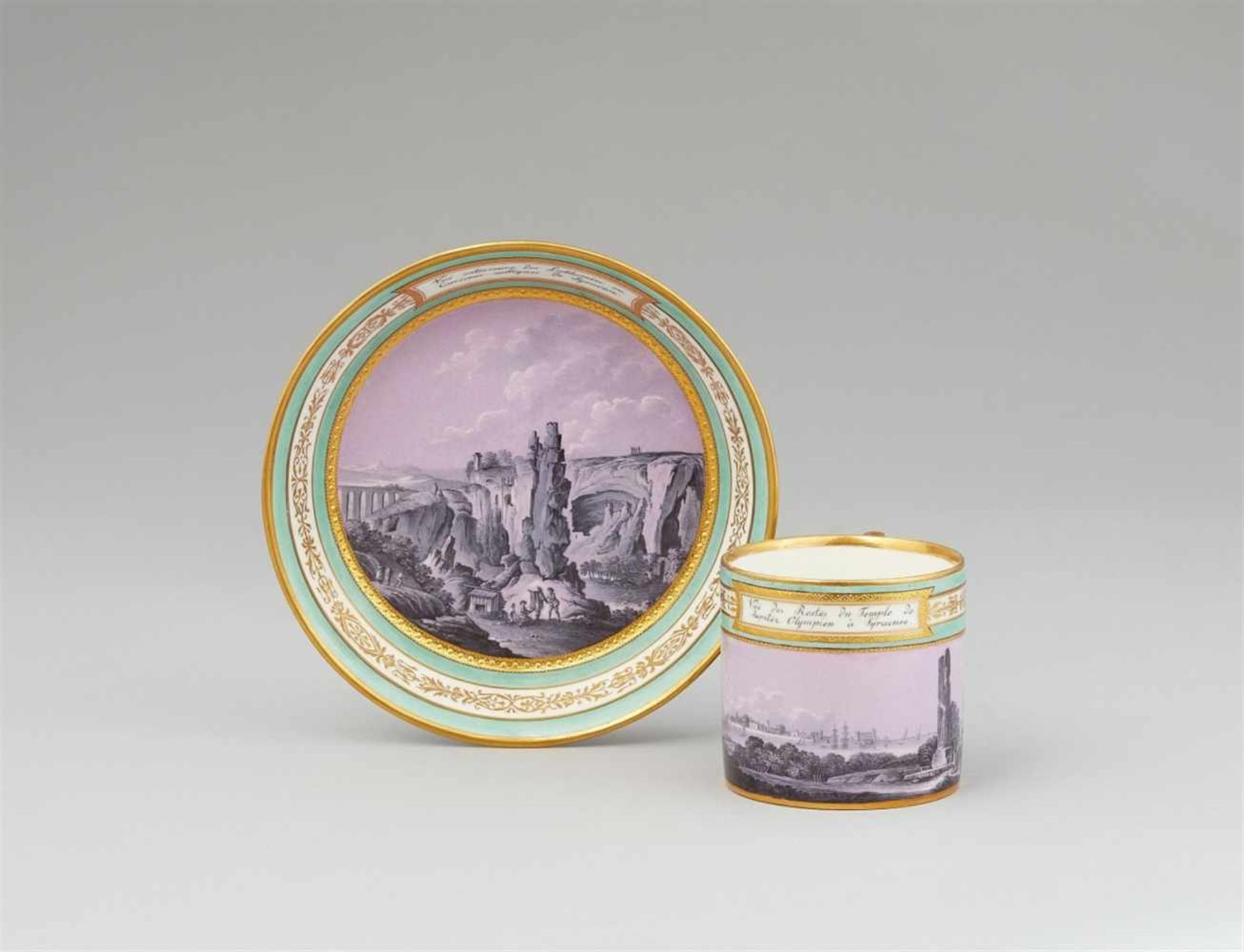 A Vienna porcelain cup and saucer with views of SyracuseOf cylindrical form with original saucer.