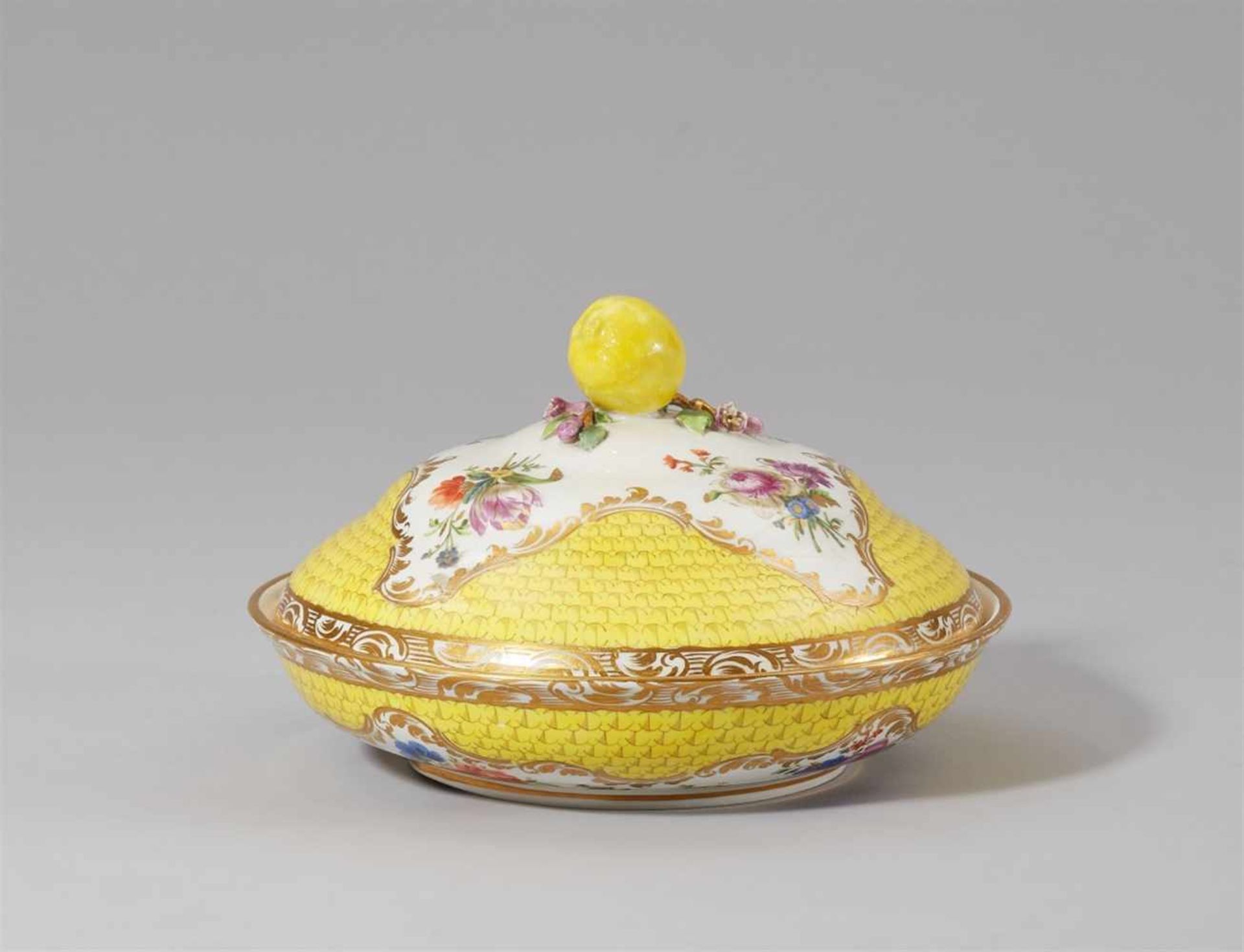 A Vienna porcelain dish and cover with yellow mosaic decorA vegetable or dessert dish with