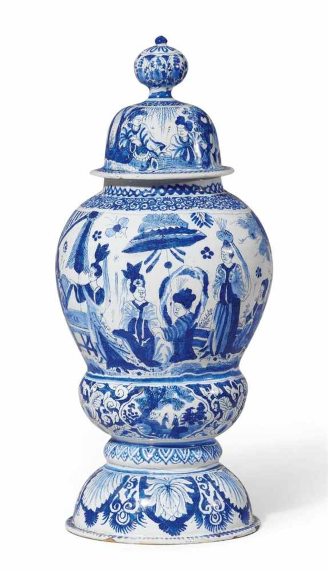 A Berlin faience vase and cover with blue chinoiserie decorStury baluster-form vase with waisted