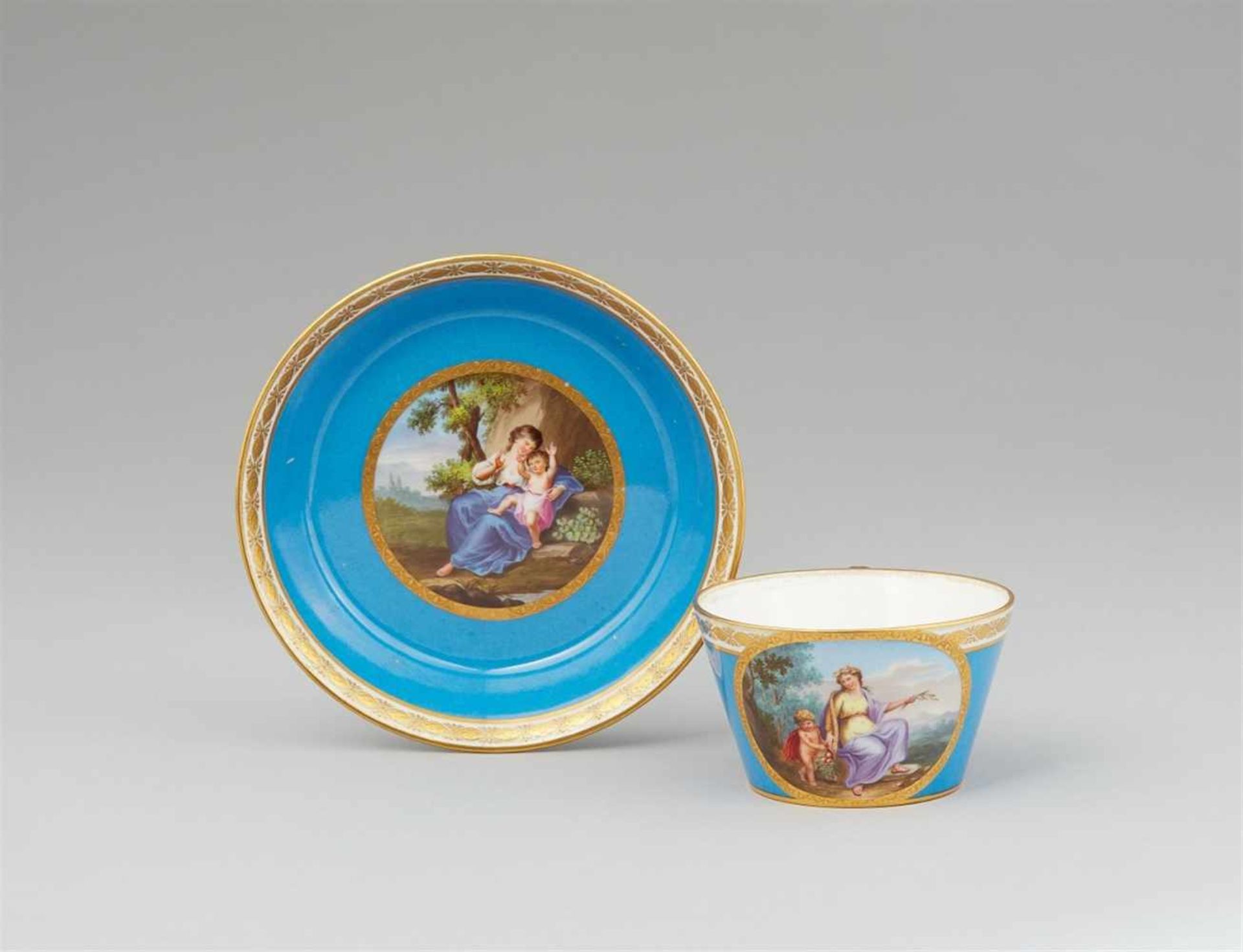 A Vienna porcelain cup and saucer with motifs after Angelika KauffmannOf tapering cylindrical form