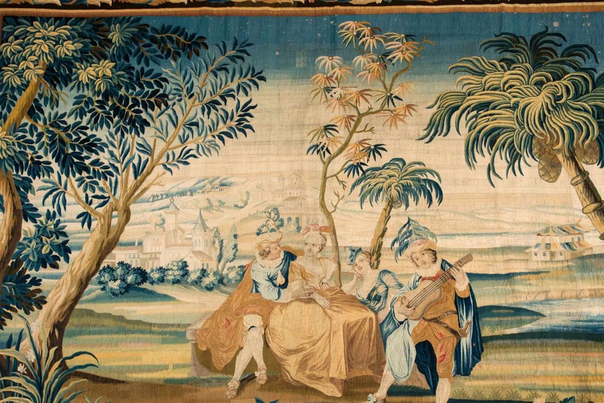 A Berlin tapestry with a motif by WatteauWool and silk on linen weft, lined. Depicting an - Bild 2 aus 3