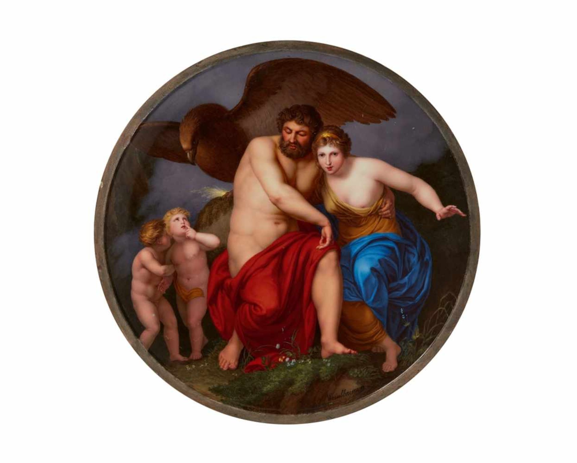 An important Vienna porcelain plaque depicting "Hera putting Zeus to Sleep on Mount Ida"Signed in