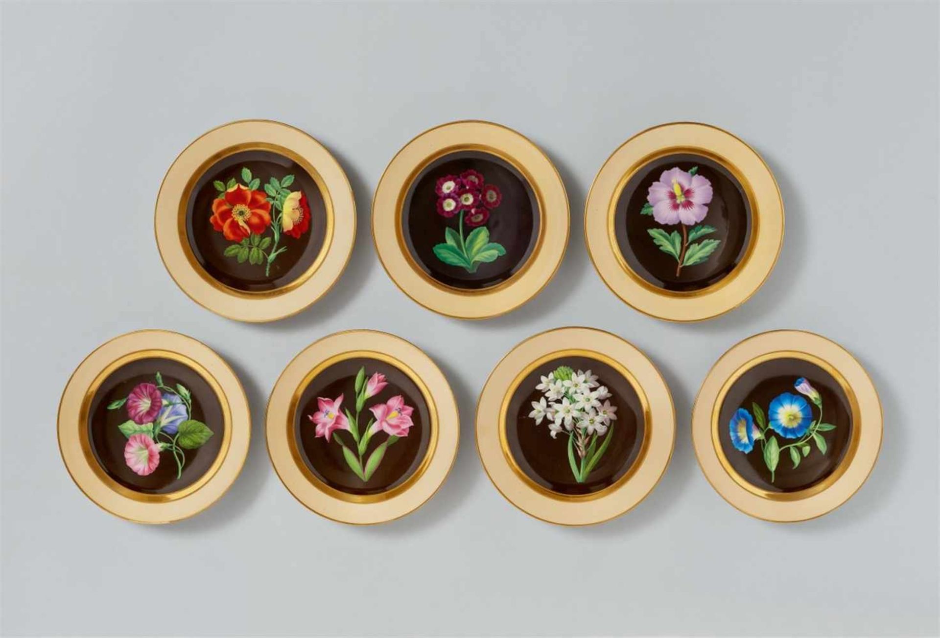 Seven Vienna porcelain dessert plates with botanical motifsShallow dish decorated with single