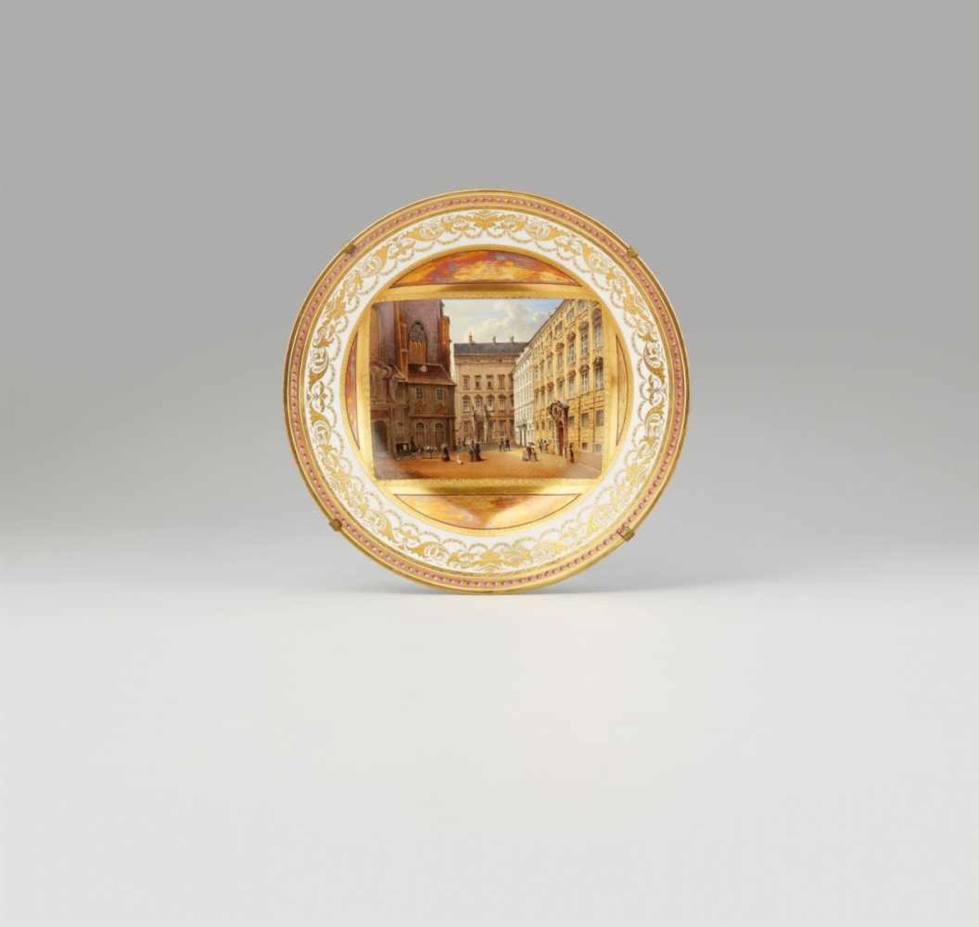 A Vienna porcelain plate with a view of MinoritenplatzShallow dish painted with a panorama inscribed