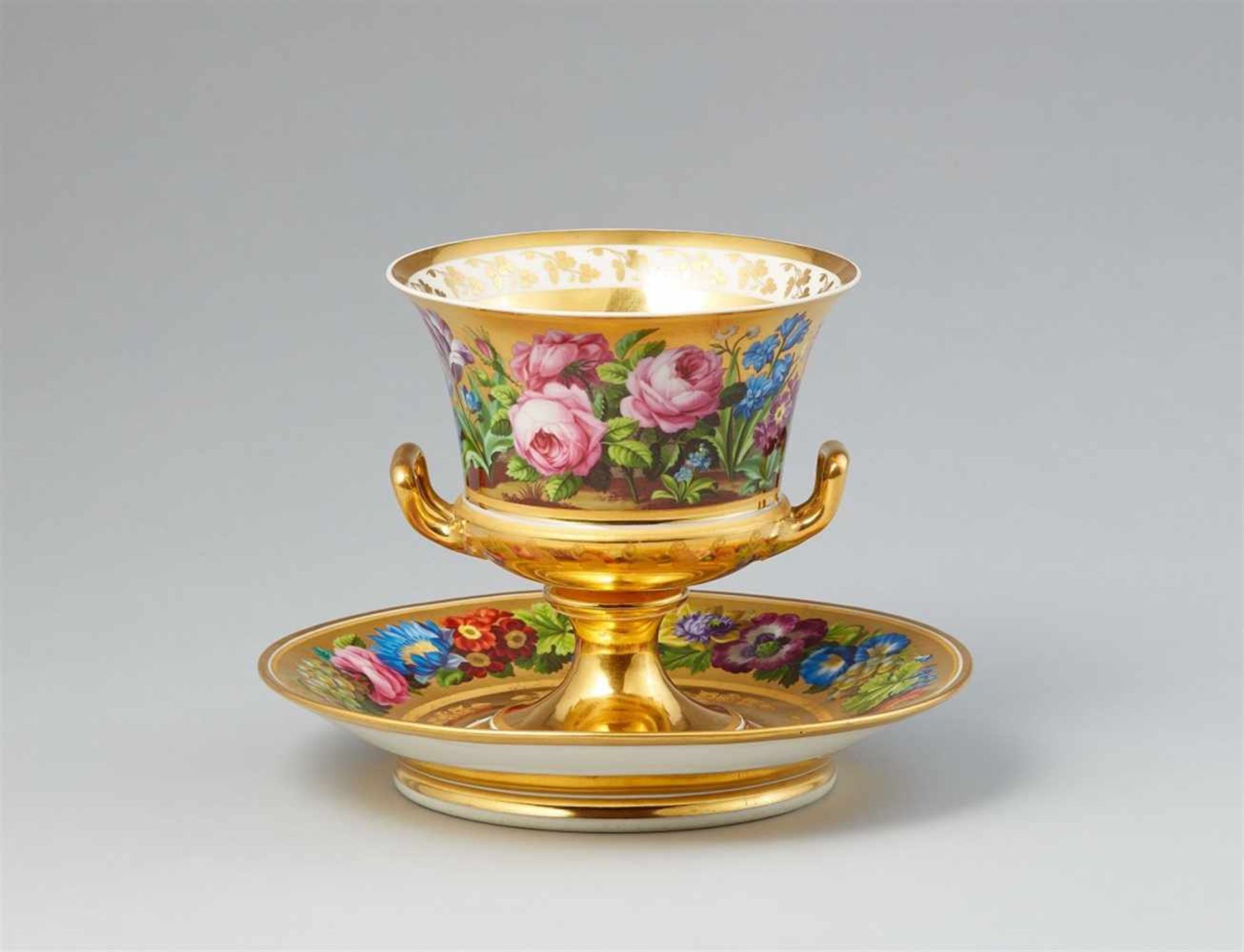 A Vienna porcelain vase and stand with fleurs en terrasseNeoclassical krater-form vase with two