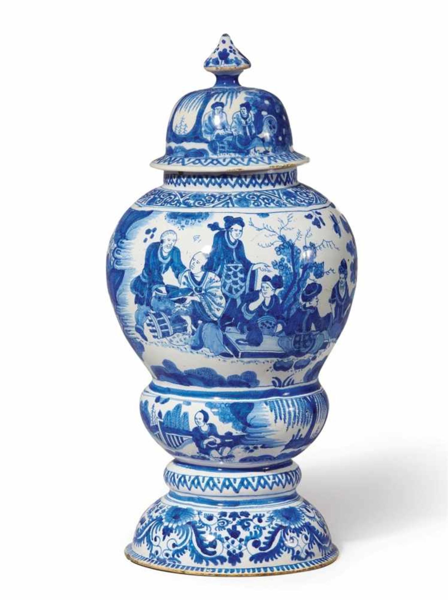 A Berlin faience vase and cover with Chinoiserie decorThick baluster-form vase with waisted lower