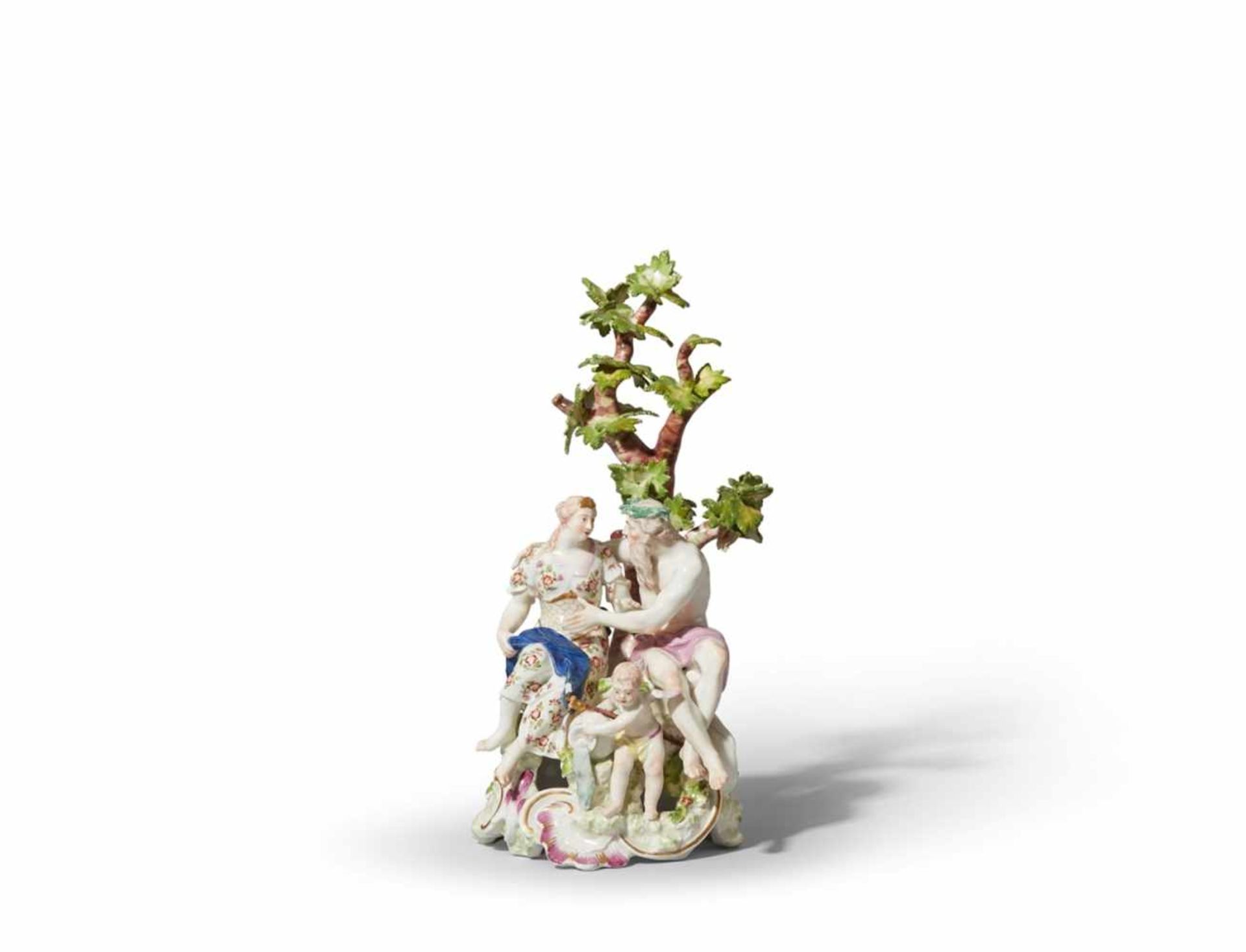 Poseidon and AmphitriteThree figures on a tall rocaille base with a crooked tree. Amphitrite is