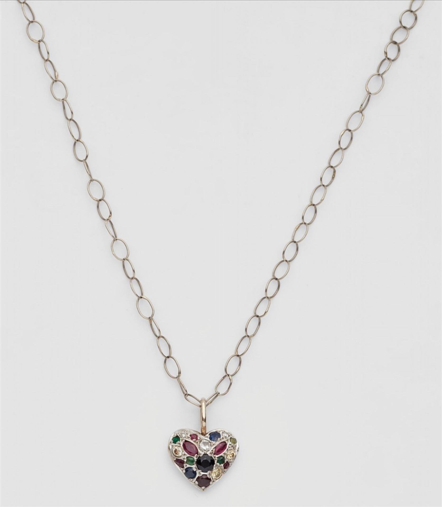 A necklace with a jewelled heart pendantPlatinum chain necklace with a 14k white gold heart-shaped