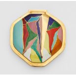 An 18k gold and enamel powder compactOf smooth octagonal form, the hinged lid with abstract decor in