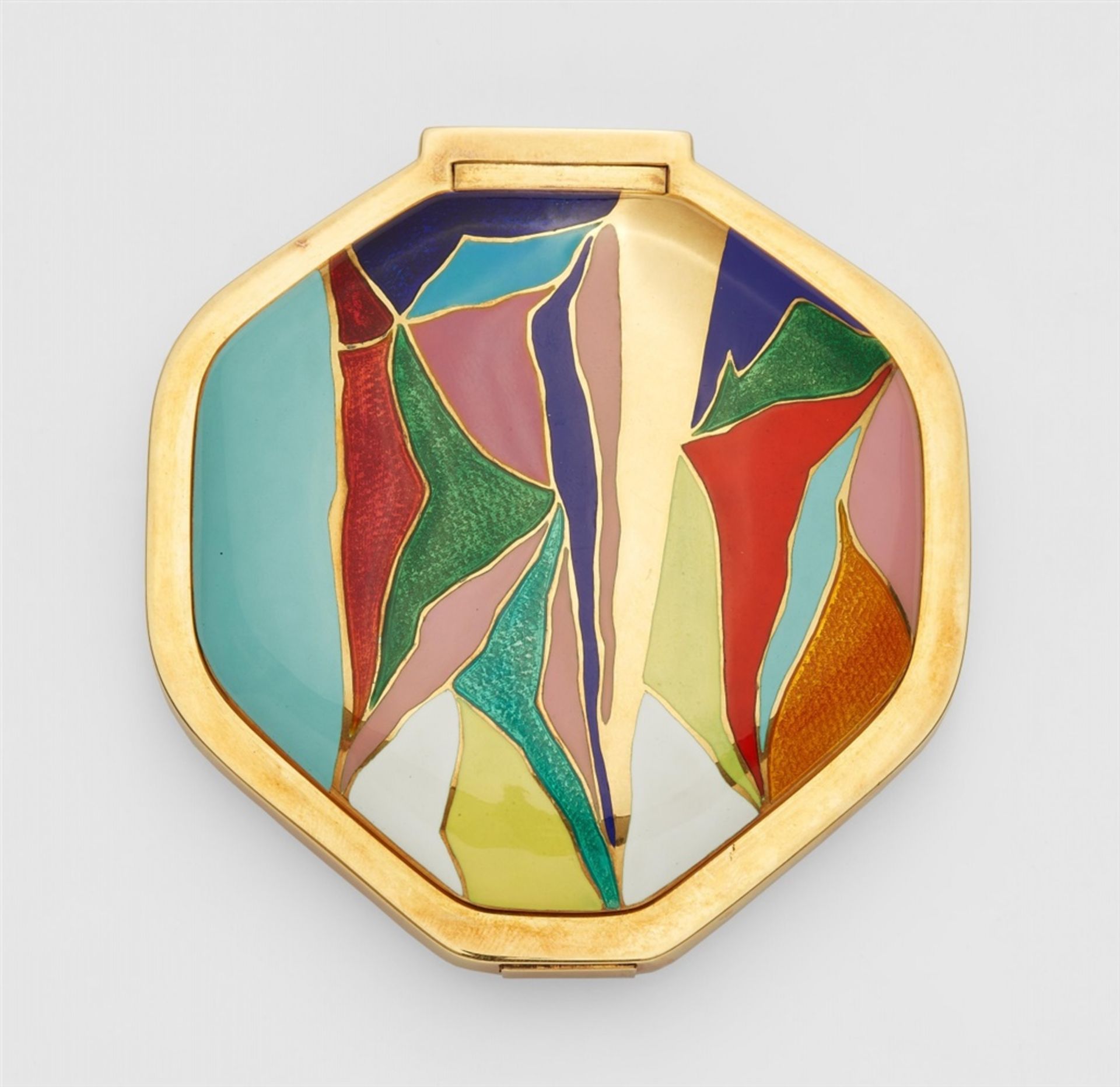 An 18k gold and enamel powder compactOf smooth octagonal form, the hinged lid with abstract decor in