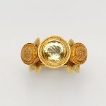 An 18k gold granulation and heliodor ringDouble-stranded ring band, the foliate moulded bezel