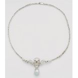 A 14k white gold diamond and pearl necklaceThe central curved motif formed from gold wire and set