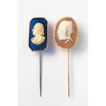 Two cameo pins1) Portrait of a man in profile, carved bone on blue glass, steel pin, 3.1 x 1.8 cm,