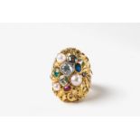 An 18k gold and gemstone ringBombé form bezel set with an old cushion-cut diamond (ca. 0.80ct, J/