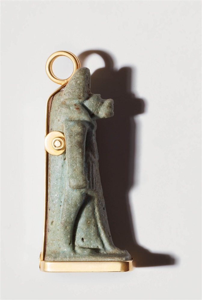 A glazed fayence Anubis amulet pendantA miniature celadon glazed faience statuette of the striding - Image 5 of 6