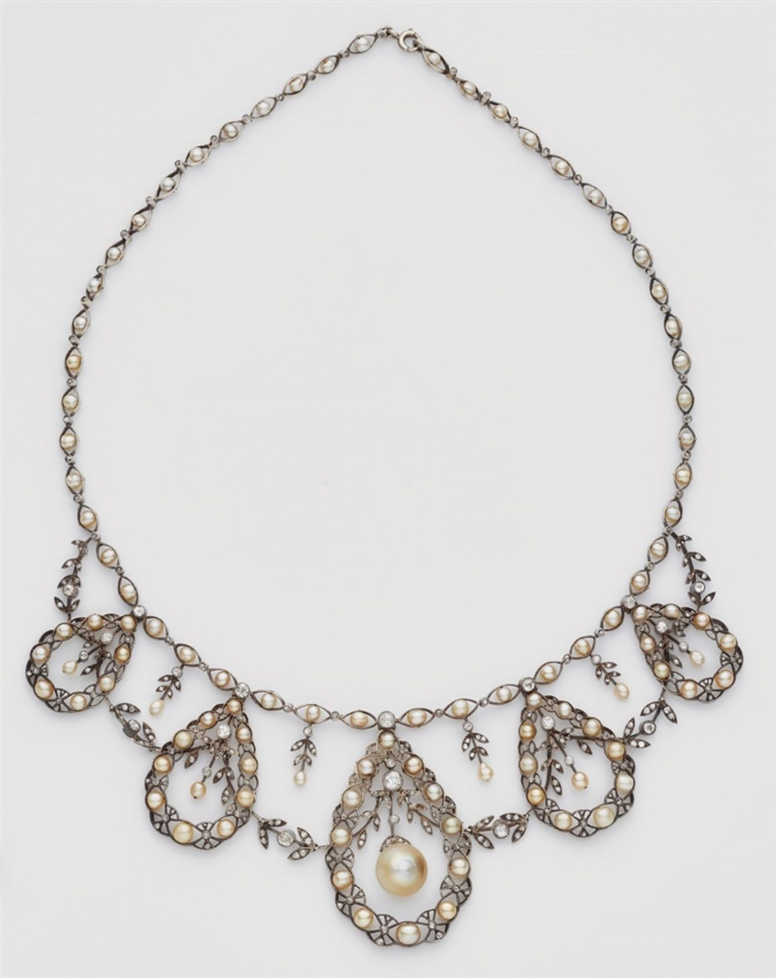 A Belle Epoque diamond and Oriental pearl necklacePlatinum necklace designed as a delicate garland