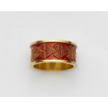 An 18k gold and enamel ring with granulationForged band hoop with profiled edges. Decorated with