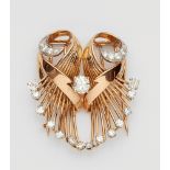 An 18k rose gold and diamond retro double-clipOpenwork fan shaped design of gold wire set with 24