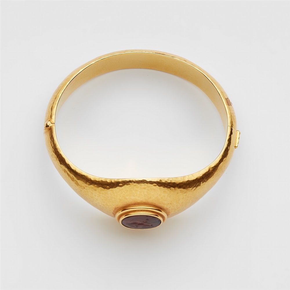 An 18k gold pin brooch with Roman coinsForged bangle with martelé decor, the flaring upper face - Image 2 of 4