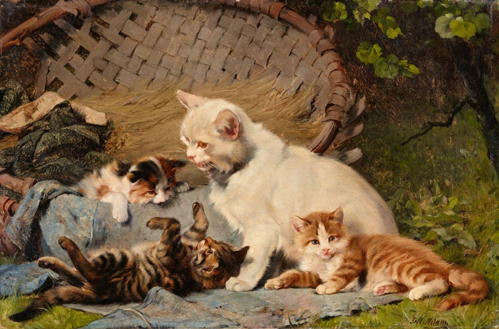 Julius Adam the YoungerMother Cat with three KittensOil on canvas. 26 x 40 cm.Signed lower right: