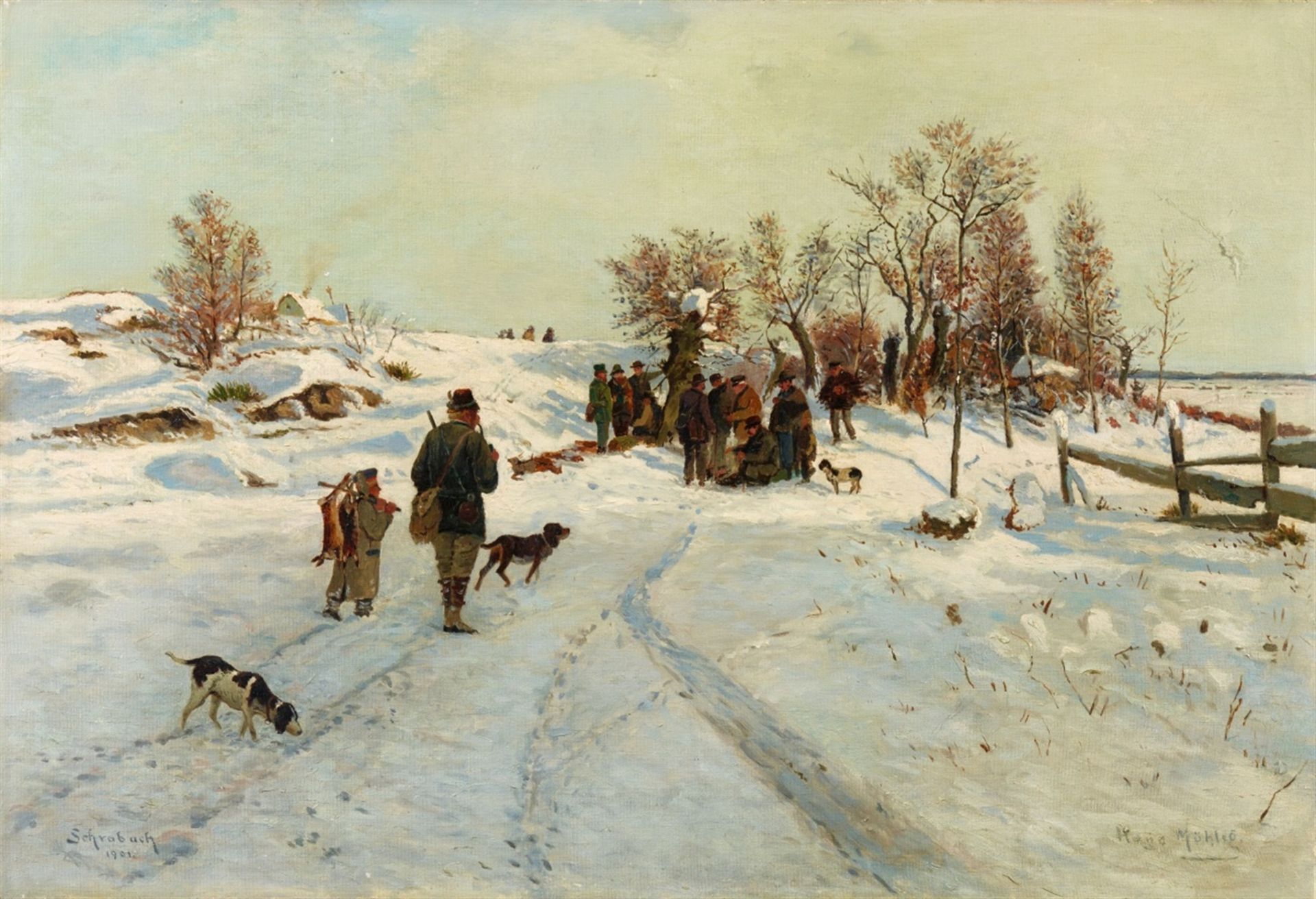 Hugo MühligThe Return from a Winter HuntOil on canvas. 55.5 x 81 cm.Signed lower right: Hugo Mühlig.