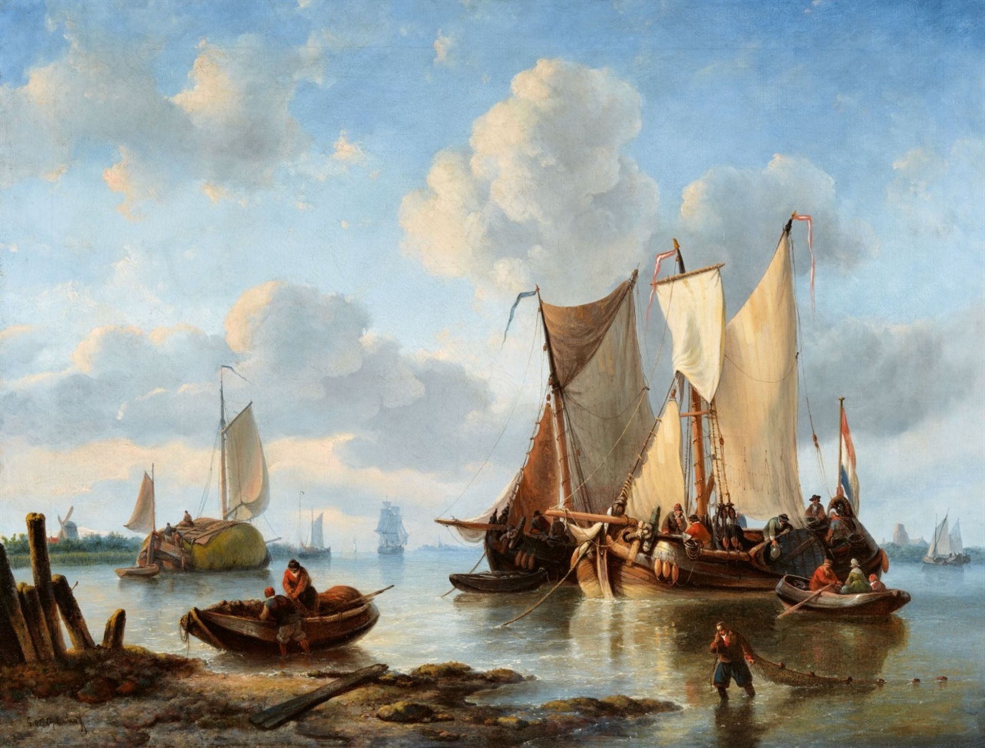 Georg Willem OpdenhoffFishing cutter near the coast with returning fishermenOil on canvas (relined).